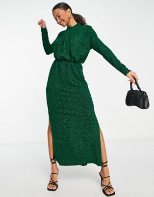 Y.A.S glitter ruched front midi dress with shoulder pads in green