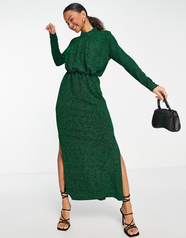 Y.A.S glitter ruched front midi dress with shoulder pads in green