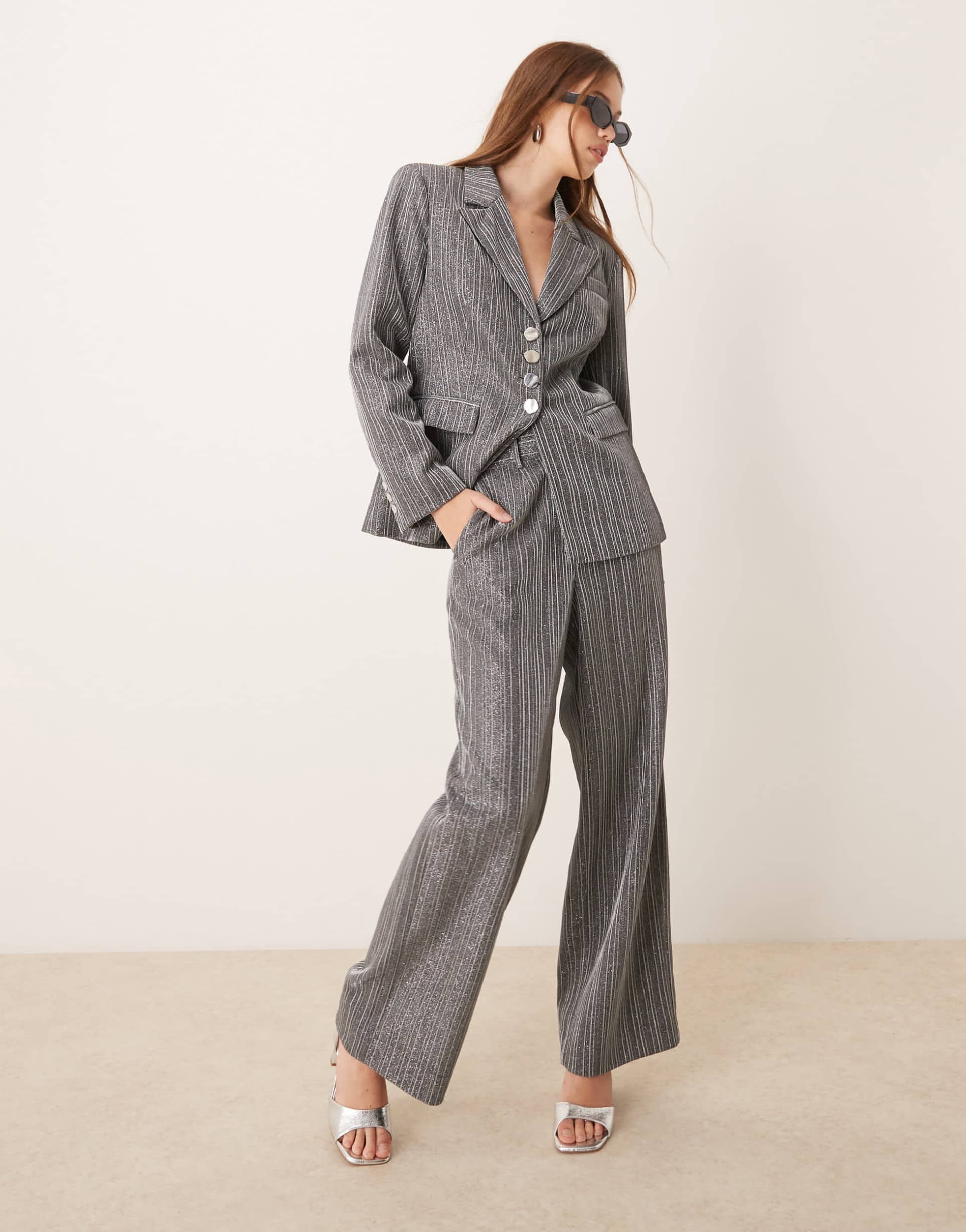 yas glitter tailored high waist suit pants in silver - part of a set