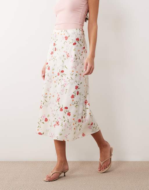 YAS - Gonna midi in raso bianco con stampa a fiori, 3 di 5
