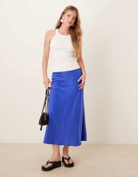 YAS - Gonna midi in raso blu brillante - view 1