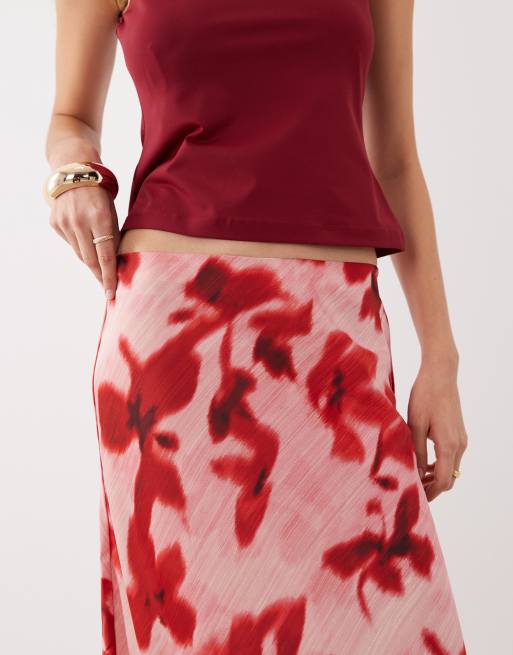 YAS - Gonna midi in raso con stampa a fiori rosa e rossa, 3 di 5