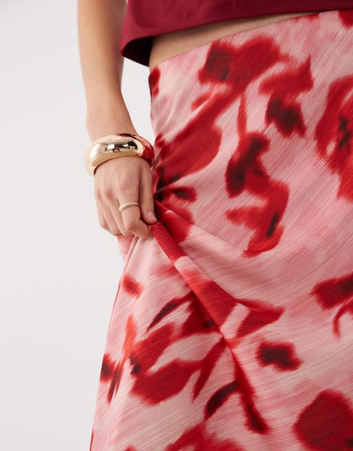 YAS - Gonna midi in raso con stampa a fiori rosa e rossa, 4 di 5