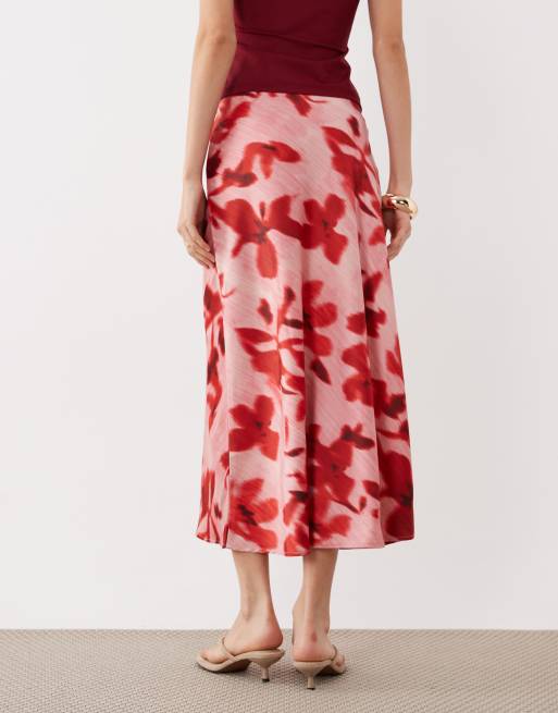 YAS - Gonna midi in raso con stampa a fiori rosa e rossa, 5 di 5