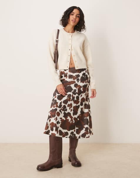 YAS - Gonna midi in raso marrone con stampa pezzata - view 1