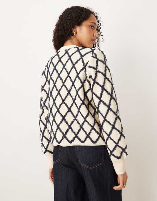 YAS – Gräddvit, rutig, fluffig tröja med textur, 4 av 4