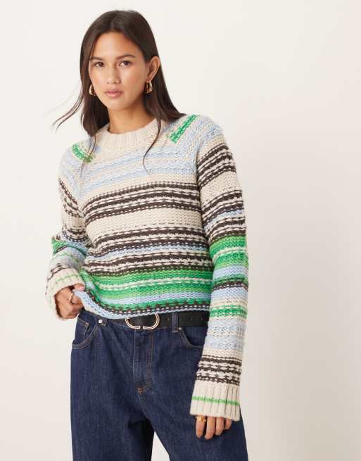 YAS – Gruby dzianinowy sweter w zielono-brązowe paski