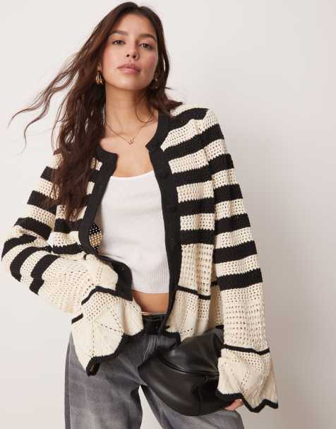 YAS – Häkelstrickjacke mit schwarzem und cremefarbenem Streifen - view 1