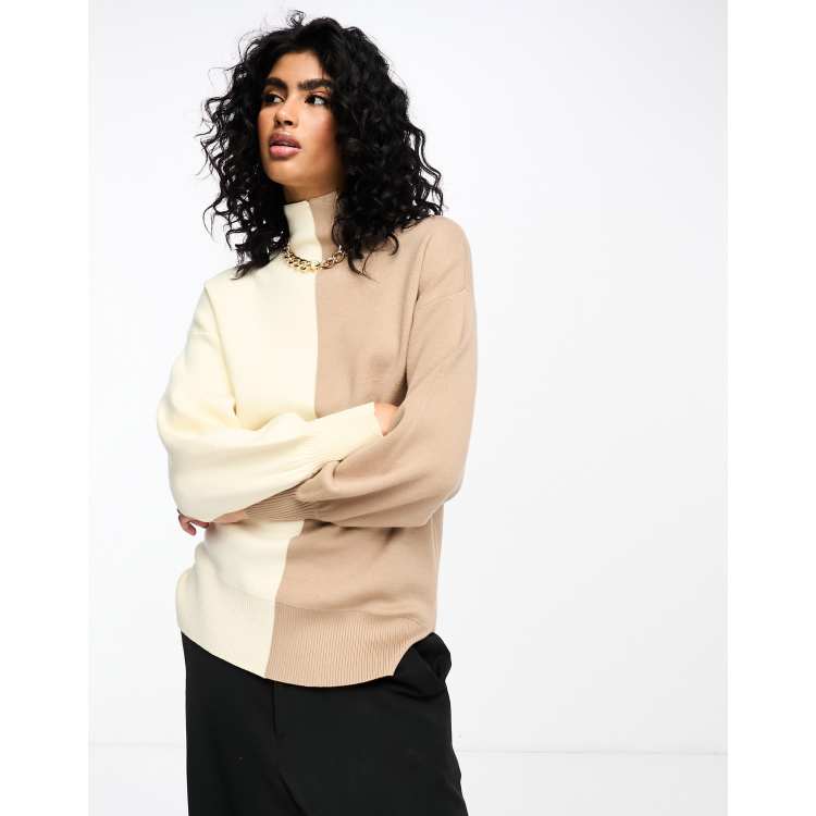 Y.A.S half and half colour block high neck jumper in neutral | ASOS