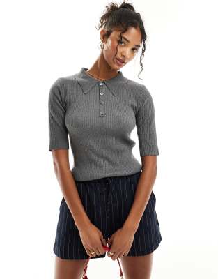 Y.a.s. Half Sleeve Knitted Polo Top In Medium Gray Melange