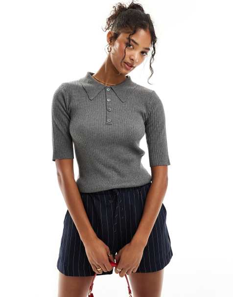 YAS half sleeve knitted polo top in medium grey melange - GREY - view 1