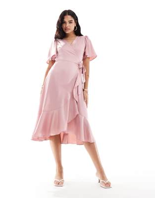 YAS half sleeve wrap midi dress in pale mauve - PINK