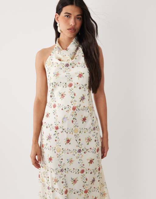 YAS halter neck backless satin maxi dress in white floral print, 2 of 4