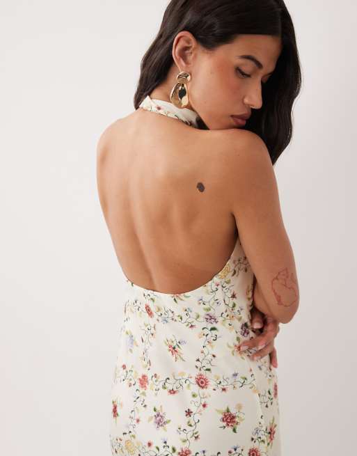 YAS halter neck backless satin maxi dress in white floral print, 4 of 4
