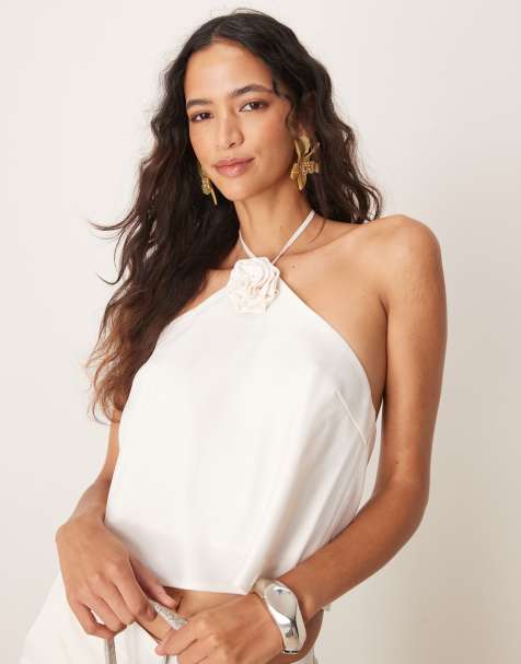 YAS halter neck corsage detail top in gardenia white - part of a set - view 1