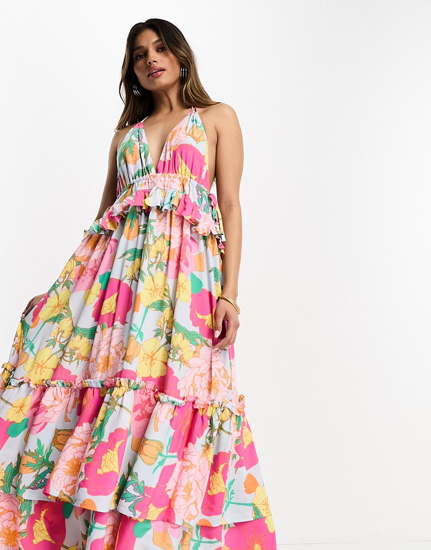 Y. A.S halter neck frill detail maxi dress in pink floral print-Multi