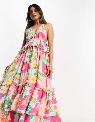 Y.A.S halter neck frill detail maxi dress in pink floral print