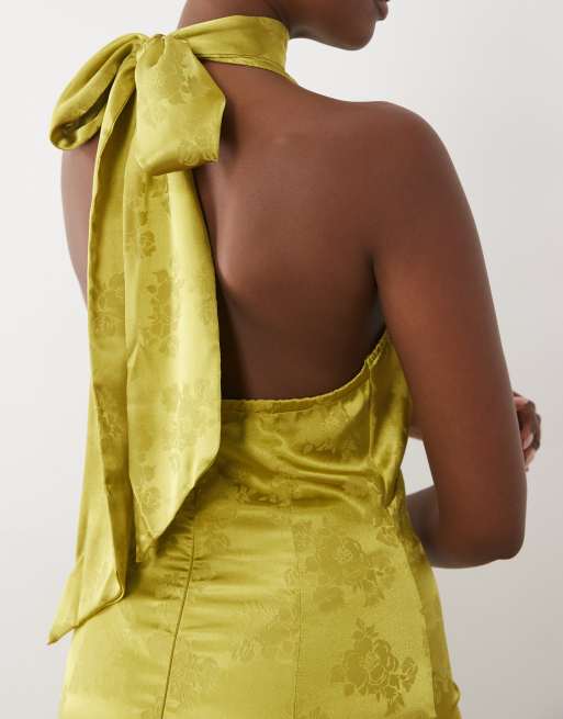 YAS halter neck jacquard ruffle maxi dress in moss green, 2 of 4