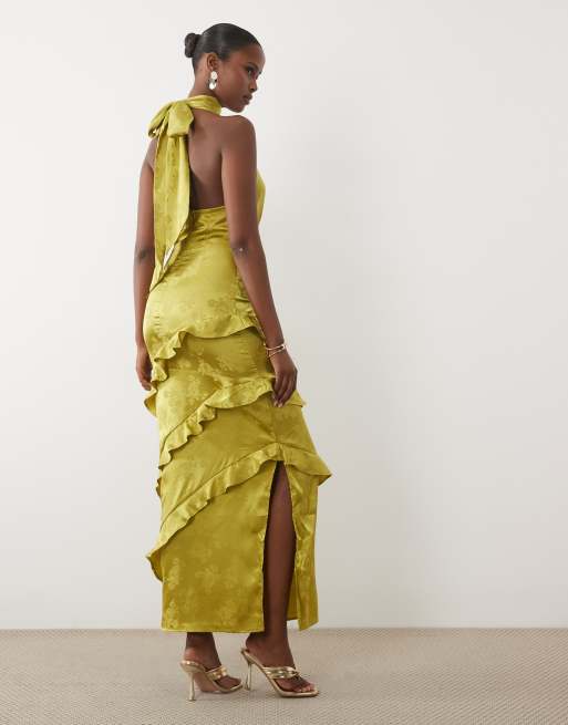 YAS halter neck jacquard ruffle maxi dress in moss green, 4 of 4