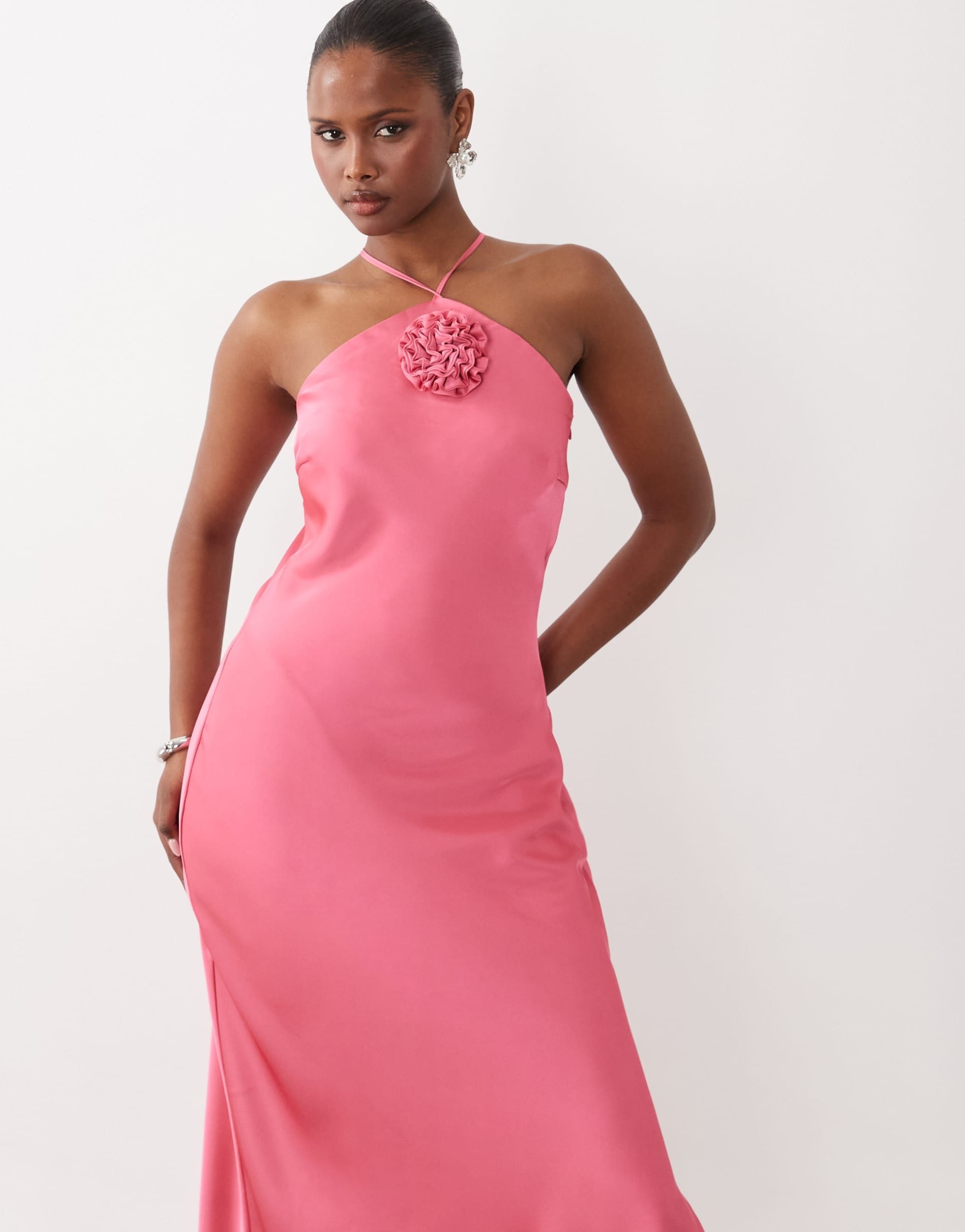 yas halter neck rosette detail satin maxi dress in pink