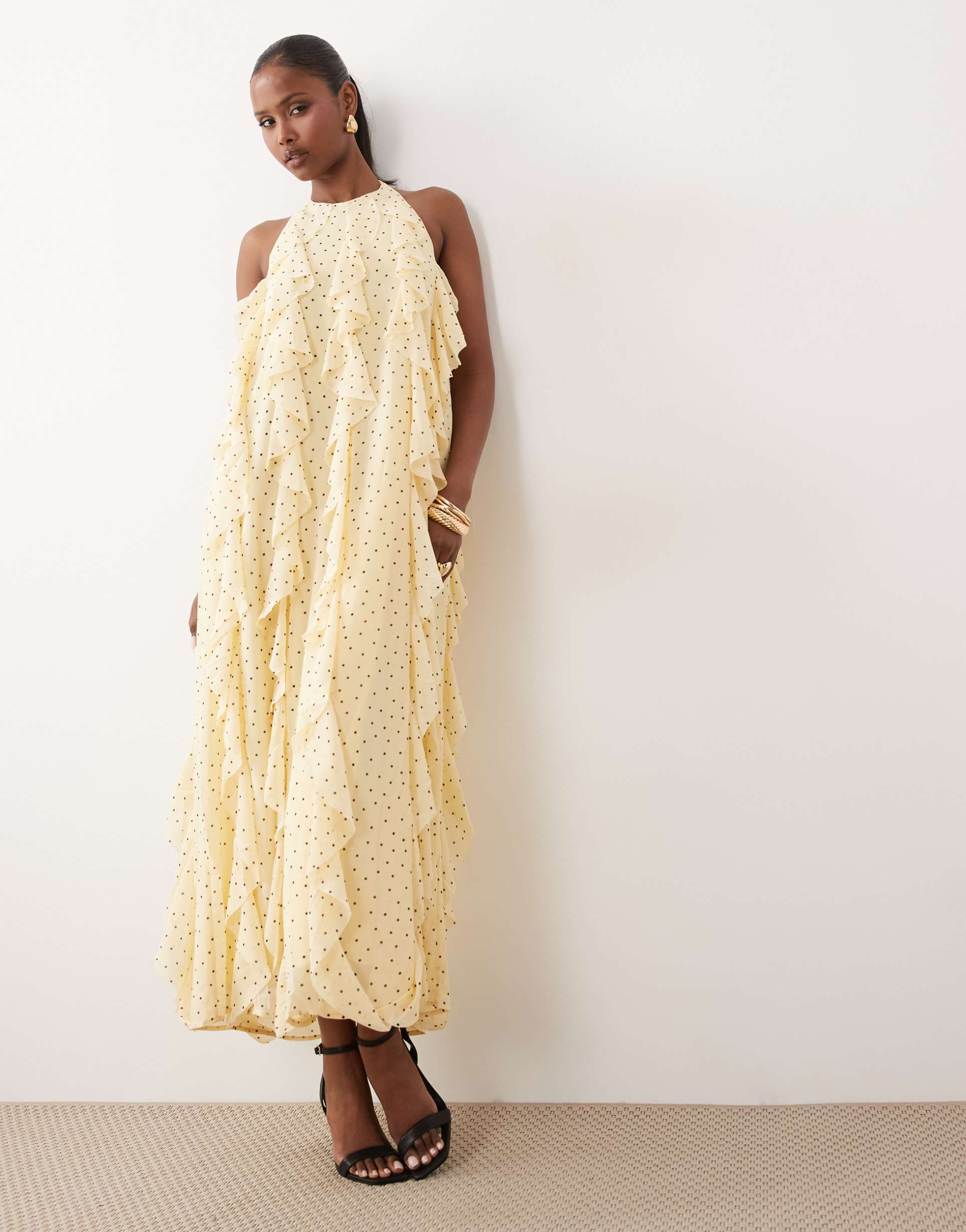 yas halter neck ruffle maxi dress in pale yellow polka dot