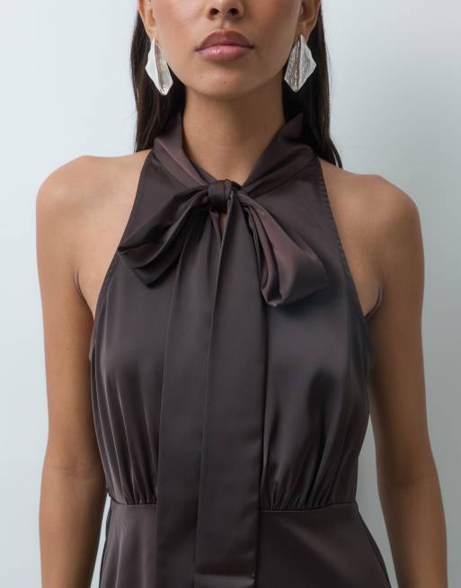YAS halter neck scarf tie satin maxi dress in chocolate brown, 2 of 4