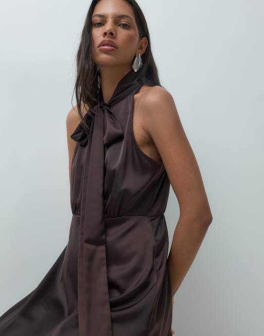 YAS halter neck scarf tie satin maxi dress in chocolate brown, 3 of 4