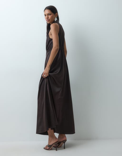 YAS halter neck scarf tie satin maxi dress in chocolate brown, 4 of 4