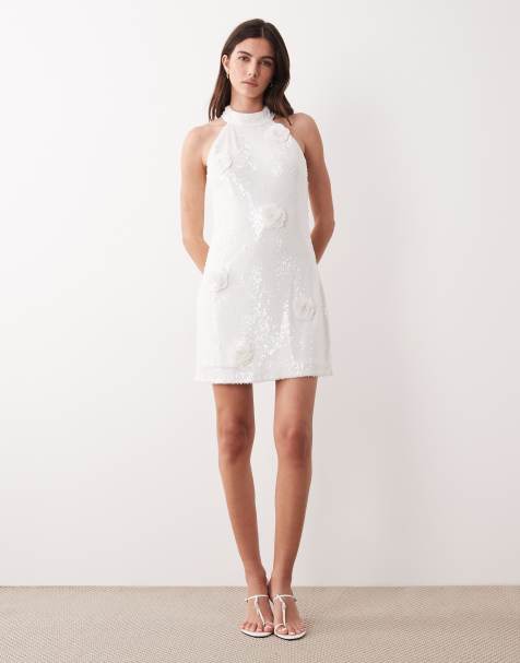 YAS halter neck sequin mini dress with 3D floral applique in white