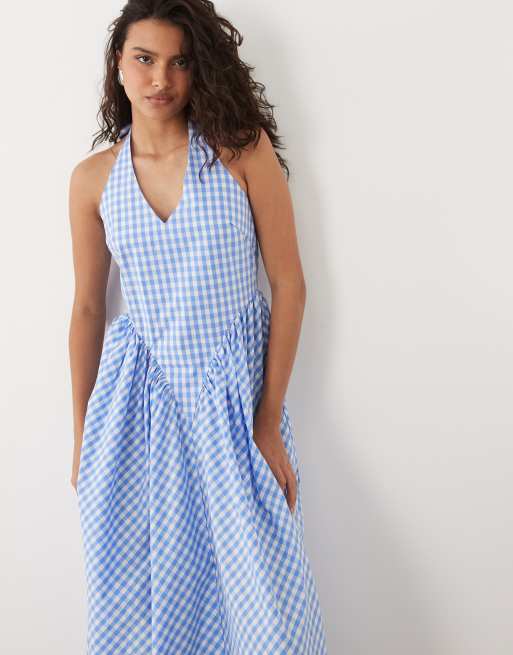 YAS halter neck waist-detail gingham maxi dress in blue, 3 of 4