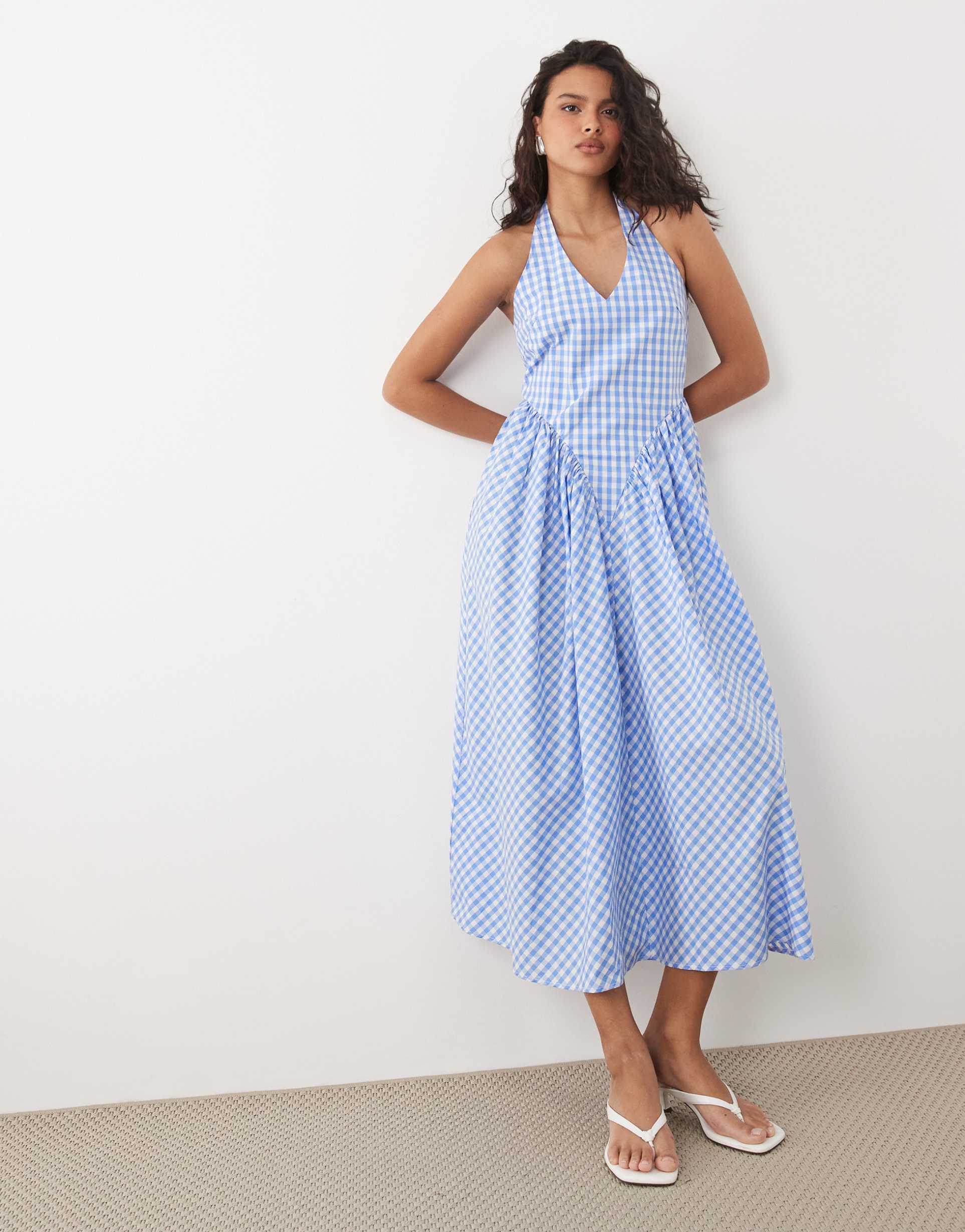 yas halter neck waist detail gingham midaxi dress in blue