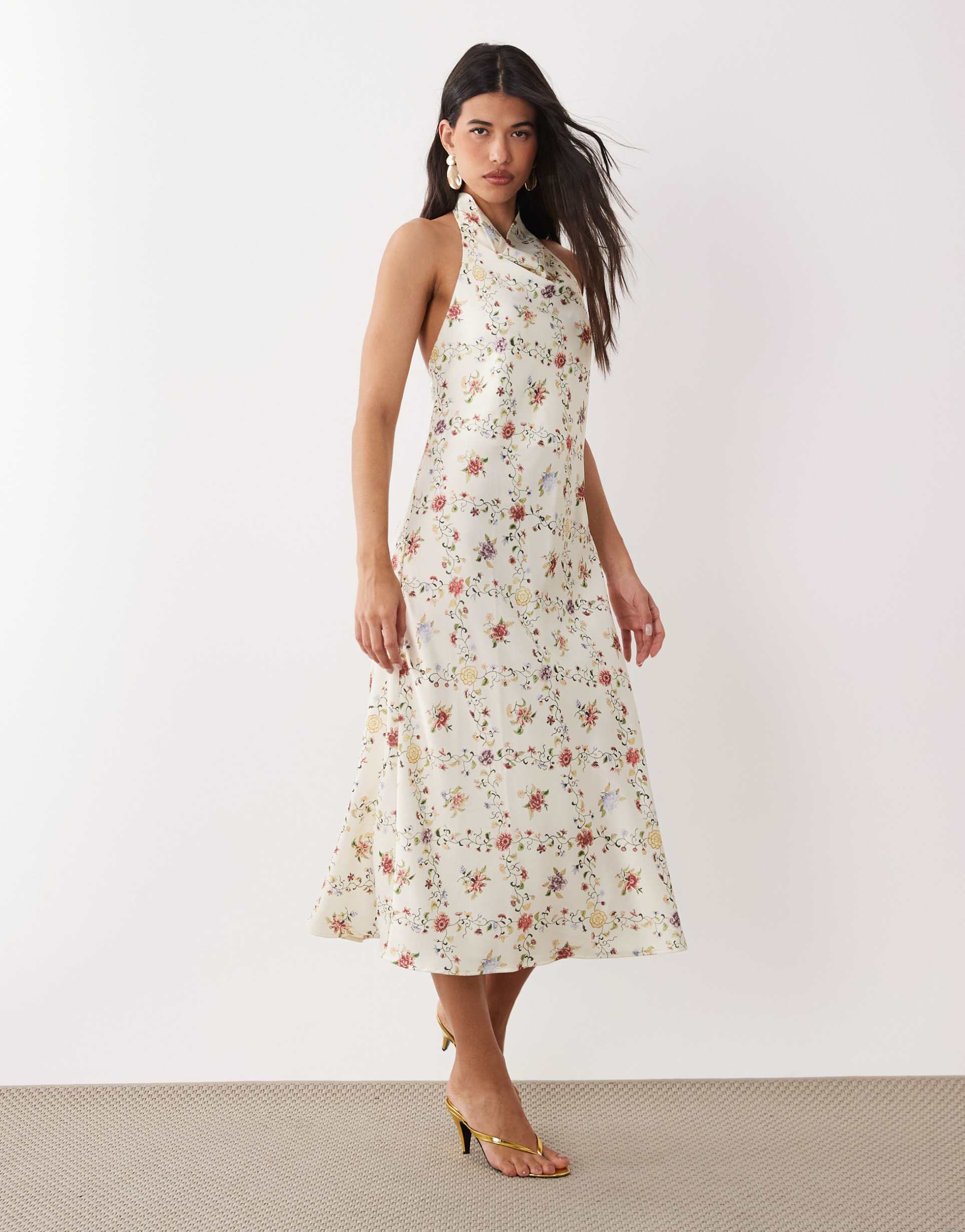 yas halterneck backless satin maxi dress in white floral print
