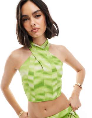 YAS halterneck crop top in green tie dye - part of a set