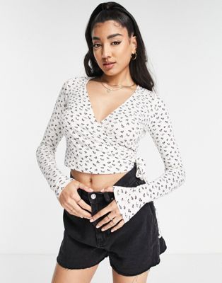 Y.A.S Hannah printed jersey wrap top in white