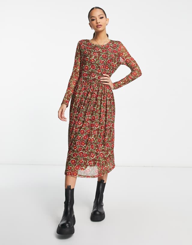 Y.A.S Helene floral print mesh midi dress in multi