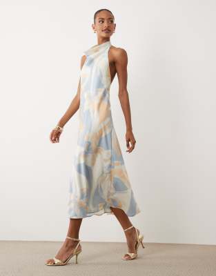 Y.a.s. High Cowl Neck Sleeveless Satin Midi Dress In Multi