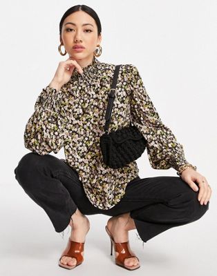 Y.A.S high neck blouse in black ditsy floral