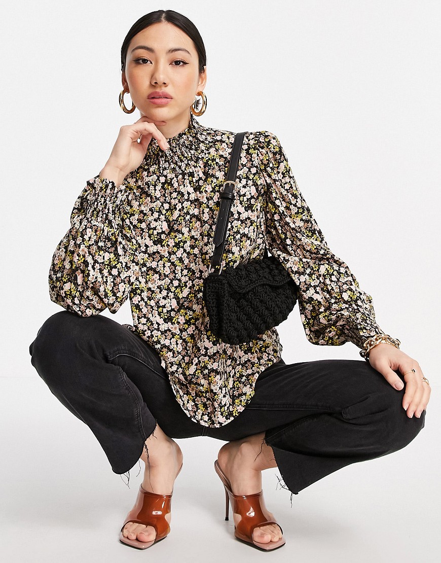 Y.A.S high neck blouse set with 3/4 sleeve in black ditsy floral-Multi
