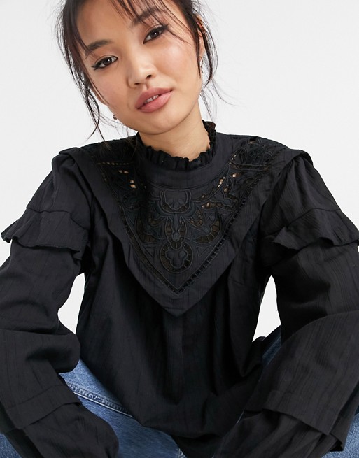 Y.A.S high neck blouse with embroidery detail in black
