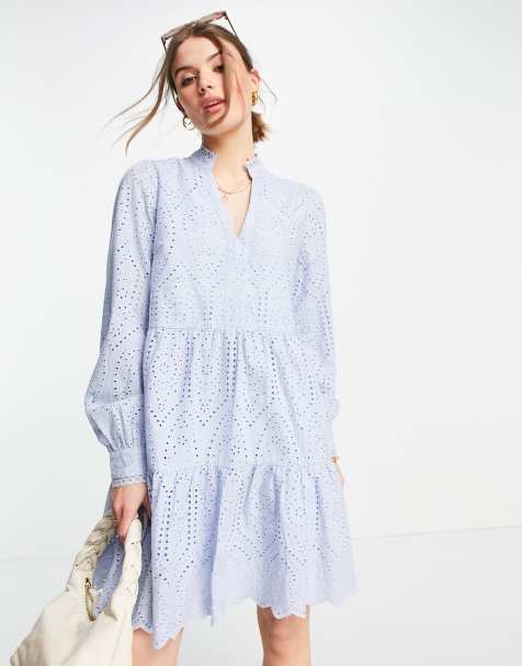 Y.A.S high neck broderie mini dress in pale blue - view 1