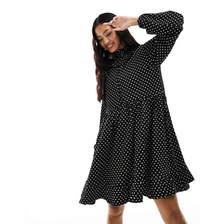 Y.A.S high neck frill mini smock dress in black polka dot | ASOS