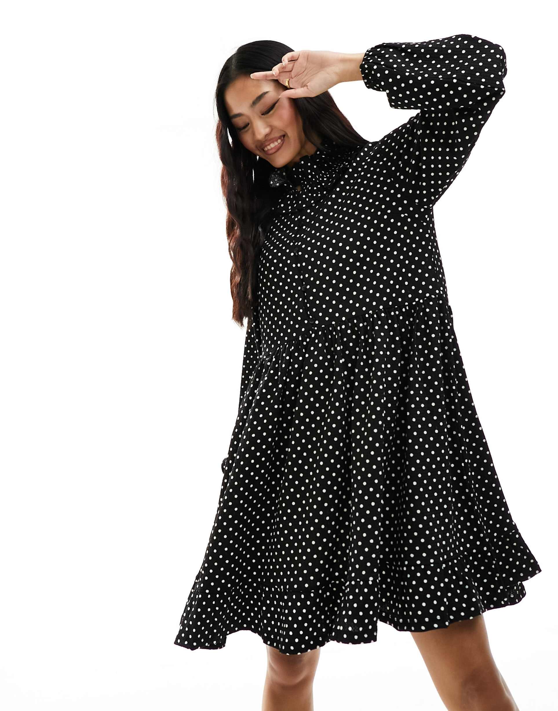 y.a.s high neck frill mini smock dress in black polka dot