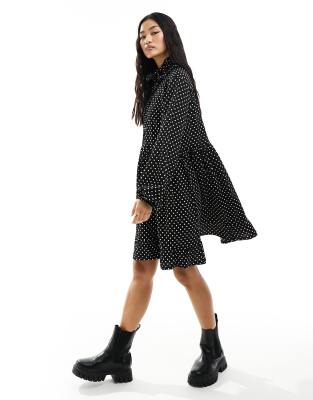 Y.A.S high neck frill mini smock dress in black polka dot