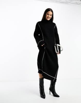 high neck knit midi sweater dress in black with contrast stitch