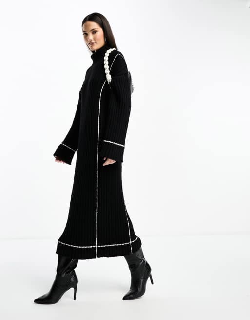 YAS high neck knit midi sweater dress in black with contrast