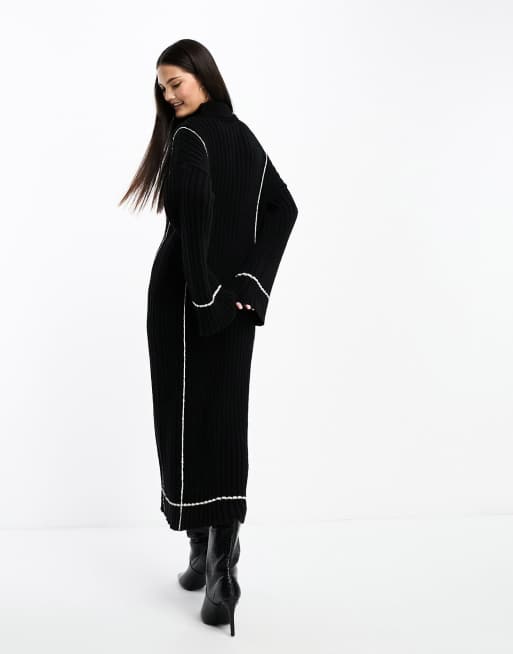 YAS high neck knit midi sweater dress in black with contrast stitch