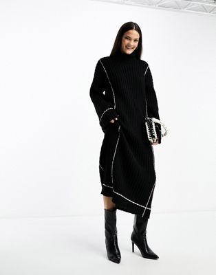 Y.A.S high neck knitted jumper midi dress in black with contrast stitch