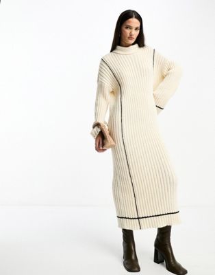 Y.A.S high neck knitted jumper midi dress in cream with contrast stitch
