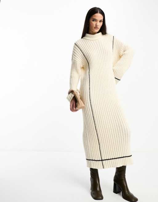 Y.A.S high neck knitted jumper midi dress in cream with contrast stitch ASOS