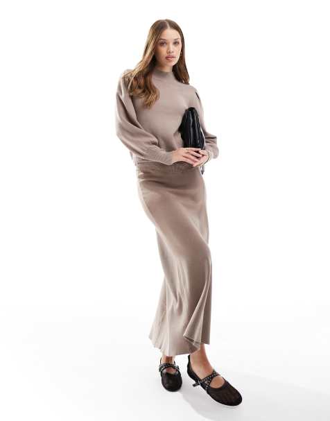 Y.A.S high neck knitted jumper with balloon sleeves and maxi skirt co-ord in mushroom - view 1